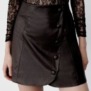 Zara Faux Leather Brown Skirt Asymmetrical Vegan Button-Down Size Small NWT